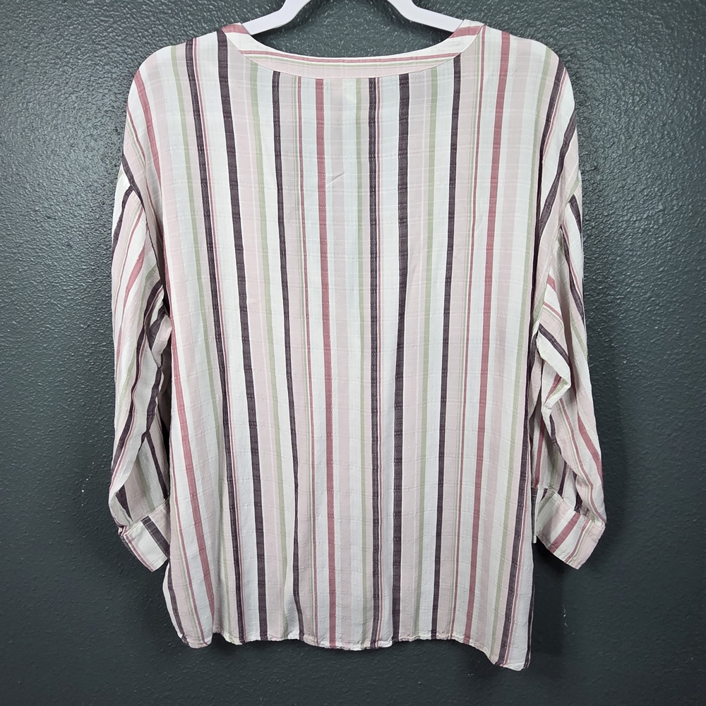 LOFT Womans Striped V-Neck Blouse in Pink, Green & Cream Size Large - Picture 2 of 8